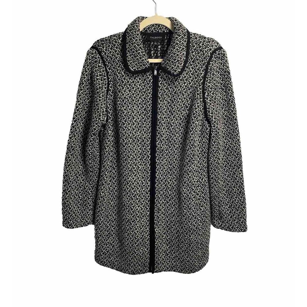 Talbots Womens Wool Tweed‎ Full Zip Coat Collared Pockets Black White Size Large